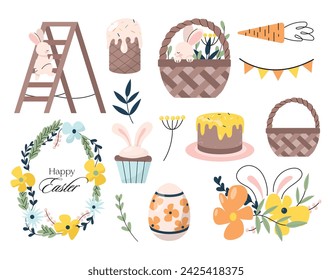 Easter cute bunny, eggs set. Adorable easter rabbit with traditional festive decor. Spring elements, eggs, Christian holiday, Easter baskets, flowers. Vector illustration isolated on white background