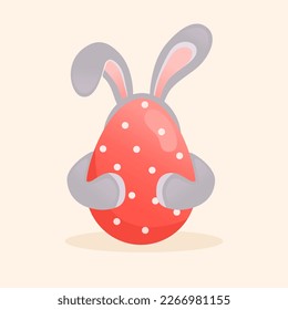 Easter cute bunny hugging an Easter egg. Bunny ears stick out. Flat style illustration.