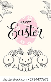 Easter Cute Bunny Line Art Illustration With Floral Elements and Decorative Egg Greeting Card Design in Minimal Pastel Style for Holiday Celebration