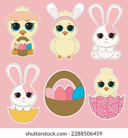 Easter cute bunny with painted eggs set. Adorable easter rabbit with traditional festive decor and calligraphy lettering.