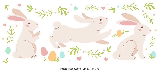 Easter cute bunny with painted eggs set. Adorable Easter rabbit with traditional festive decor. Floral abstract decoration. Vector Illustration for stickers, cards, packaging. Background pastel colors