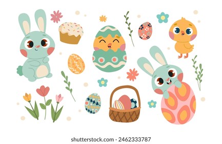 Conejito lindo de Pascua con huevos pintados. Ilustración plana de Vector, aislado de estilo de dibujos animados en blanco. Adorable conejo de Pascua con decoración festiva tradicional , pollo , huevos , cesta