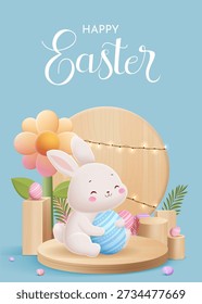 Easter Cute Bunny With Pastel Easter Eggs and Flowers Vertical Greeting Card Illustration for Spring Holiday Celebration