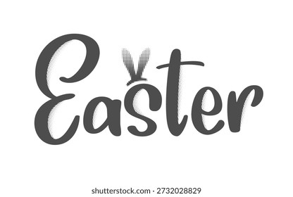 Pascua con lindas orejas de conejo conejito caligrafía escrita a mano tipografía letras y textura de semitonos para tarjetas de felicitación de primavera y diseño de venta de Festiva. Letras de Pascua de moda. Ilustración vectorial