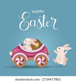 Easter Cute Bunny Riding Pink Toy Car With Easter Eggs Greeting Card Illustration in Pastel Colors for Spring Holiday Celebration