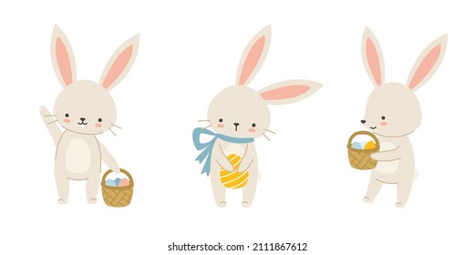 Easter cute bunny set. Collection of cartoon baby rabbits with painted eggs. Easter bundle with hare holding easter eggs. 