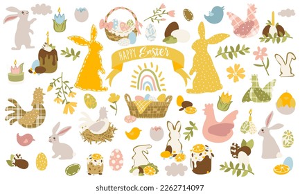 Easter cute bunny with a set of colored eggs and various little things. A charming Easter bunny with traditional festive decor and calligraphic inscriptions.