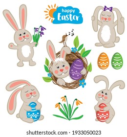Easter cute bunny set with flowers and eggs. Hand drawn flat cartoon elements. Vector illustration on white background.