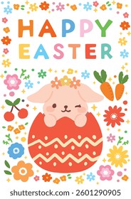 Easter cute card with flowers and rabbits