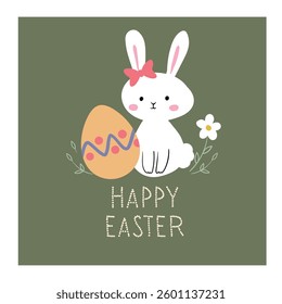 Easter cute card. Easter holiday doodle card eggs, bunny, flowers, basket with eggs.