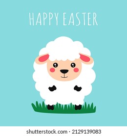 easter cute card with sheep isolated on blue background, vector illustration in flat style