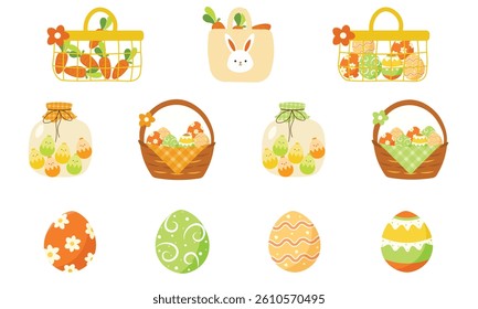 Easter cute carrot and egg stickers, painted eggs set. Adorable Easter  traditional festive decor
