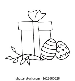 Easter cute cartoon hand drawn vector doodle illustration. Black outlines Isolated on white background. Gift with easter eggs and twig. Cute decorative element for seasonal design, printed materials.