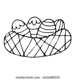 Easter cute cartoon hand drawn vector doodle illustration. Black outlines Isolated on white background. Nest with easter eggs. Cute decorative element for seasonal design, printed materials.