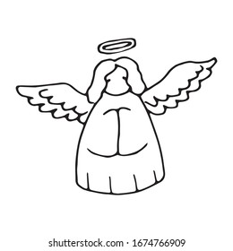 Easter cute cartoon hand drawn vector doodle illustration of angel figure. Black outlines Isolated on white background. . Cute decorative element for design, printed materials.

