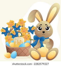 Ostersüßer Cartoon, schwarz-brauner Hase mit blauer Schleife und Korbkorb mit blauen und gelben Narzissen, bunte Eier, weißer Sahnekuchen mit Sprinklen und brennender Kerze. Gewitterhase