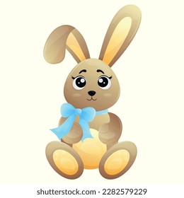 Easter cute cartoon plush brown bunny with a blue bow around his neck, cute eyes and a folded ear. Funny animals and easter character for postcard