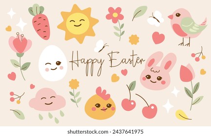 Easter cute celebration set with bunny, egg, flower, greeting card, background ,vector illustration 