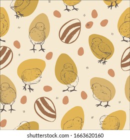 Easter cute chicken with eggs hand drawn doodle seamless vector pattern