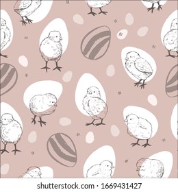 Easter cute chicken with eggs hand drawn doodle seamless vector pattern
