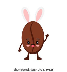 Easter cute coffee bean with bunny ears boy icon isolated on white baclground. Roasted coffee grains easter character with rabbit ears. Flat cartoon vector drink seed clip art illustration.