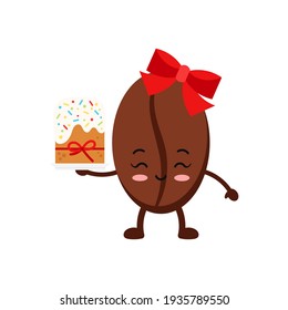 Easter cute coffee bean with easter cake isolated on white baclground. Roasted coffee grain easter character with sweet decorated cake. Flat cartoon vector drink seed clip art illustration.