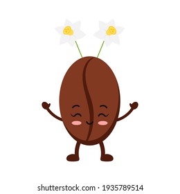 Easter cute coffee bean with narcissus accessory icon isolated on white baclground. Roasted coffee grains easter character with daffodils on head. Flat cartoon vector drink seed clip art illustration.