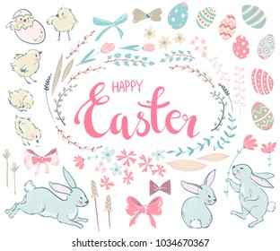 Easter cute collection. Bunnies, flowers and eggs. Pastel colors