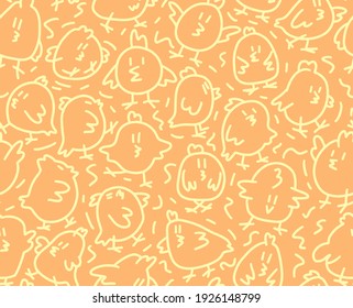 Easter Cute doodle pattern with yellow chickens. Kids ornament vector illustration