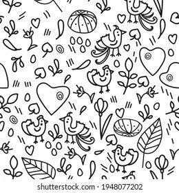 Easter cute doodle seamless pattern with heart, bird, eggs, flowers, branch isolated on white background. Vector illustration. Rustic backdrop for holiday card, wrapping paper. Stock illustration.