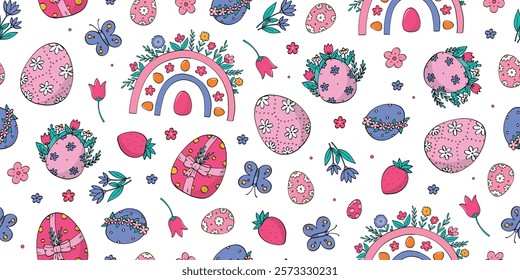 Easter cute doodles pattern with flowers and eggs for wallpaper, textile prints, wrapping paper, scrapbooking, stationery, digital paper, backgrounds, etc. EPS 10