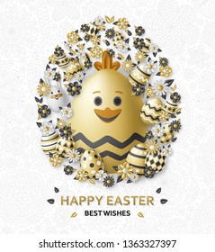 Easter cute eggs set with white bunny and chicken. Vector illustration