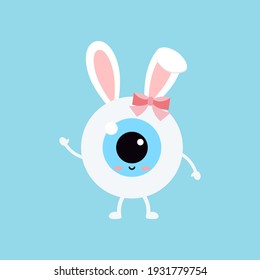 Easter cute eye ball with bunny ears icon. Ophthalmology eyeball girl character with face and easter  bunny rabbit ears costume with bow. Flat design cartoon style vector vision clip art illustration.