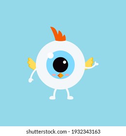 Easter cute eye ball in chicken costume icon. Ophthalmology easter eyeball character with chick wings and beak. Flat design cartoon style vector vision clip art illustration.