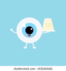 Easter cute eye ball curd easter on white plate icon. Ophthalmology easter eyeball character with sweet chesse cottage dessert. Flat design cartoon style vector vision clip art illustration.