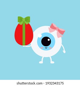 Easter cute eye ball with red egg icon. Ophthalmology easter eyeball girl character with red egg with green bow gift. Flat design cartoon style vector vision clip art illustration.