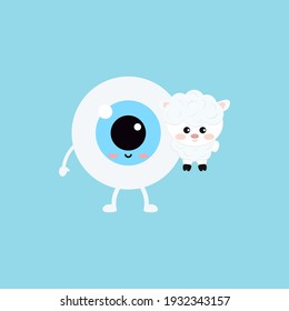 Ostersüße Augenkugel mit Schafzüchter Symbol. Ophthalmologie Ostereyeball-Charakter mit kleinen Lamm-Schafen. Flaches Design Cartoon Stil Vektorvision Clip Art Illustration.