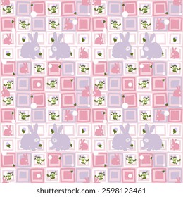 Easter cute flowers. Vector of gentle Easter bunnies. Spring concept. Cute background. Sweet pastel style.