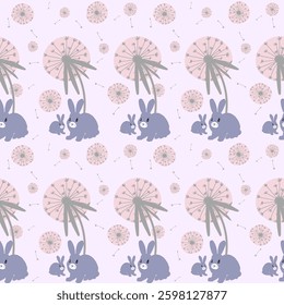 Easter cute flowers. Vector of gentle Easter bunnies. Spring concept. Cute background. Sweet pastel style for clothes, card and bed sheet. Seamless pattern.