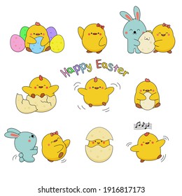 Pascua lindas y divertidas chicas e íconos de conejito ambientados en el estilo de las caricaturas. Ilustración vectorial aislada en blanco.