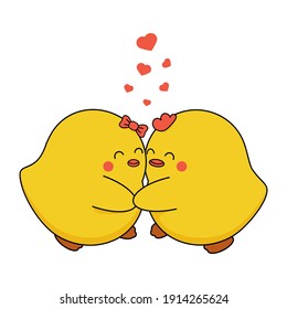 Easter cute funny chicks in love and hugged. Funny kawaii characters in cartoon style. Vector illustration isolated on white.