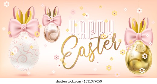 Easter Cute Golden Eggs with Bunny Bow in confetti on the pink background. Banner foe Easter Sales
