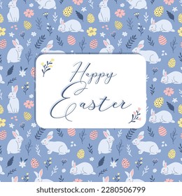 Easter cute greeting card design with cute white rabbits and Easter eggs. Vector illustration.