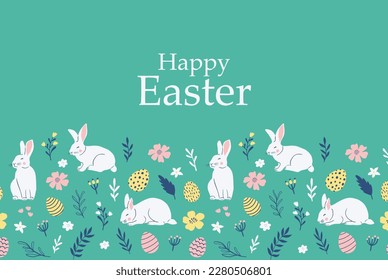 Easter cute greeting card design with cute white rabbits and Easter eggs. Vector illustration.