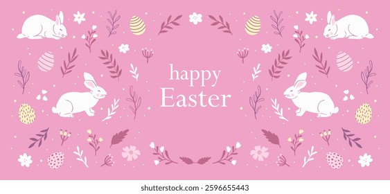 Easter cute greeting card design with cute white rabbits and Easter eggs. Vector illustration.