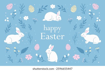 Easter cute greeting card design with cute white rabbits and Easter eggs. Vector illustration.