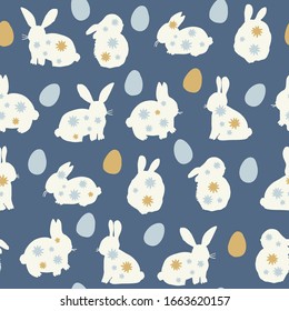 Easter cute hand drawn rabbit silhouette with eggs and flowers doodle seamless vector pattern