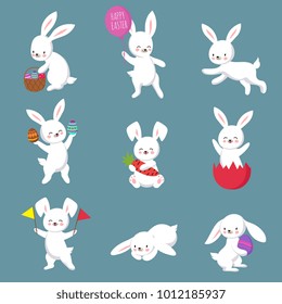 Easter cute happy bunny rabbit vector characters set. Easter bunny or rabbit, cute cartoon spring character illustration