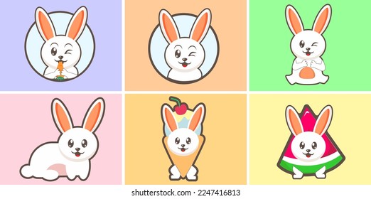 Easter cute happy bunny rabbit vector characters set. Easter bunny or rabbit, cute cartoon spring character illustration
