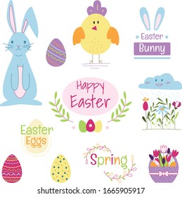 Easter cute illustration with colored rabbit, chicken, bunny, basket of flowers. Spring set illustrations for postcards, patterns, wrapping paper. Colorful pictures of animals to illustrate books.